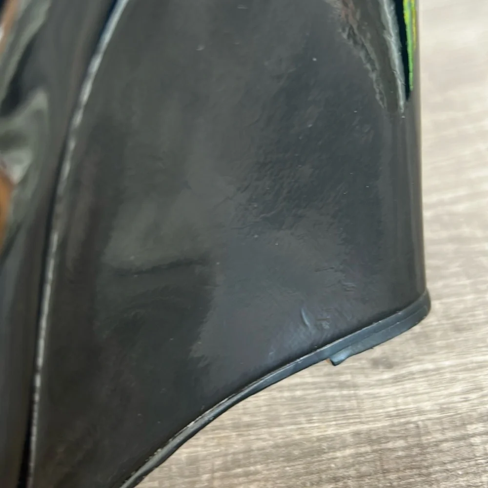 Boston Proper Black‎ Patent Leather Peep Toe Wedges Shoes Office Date Night 7M
